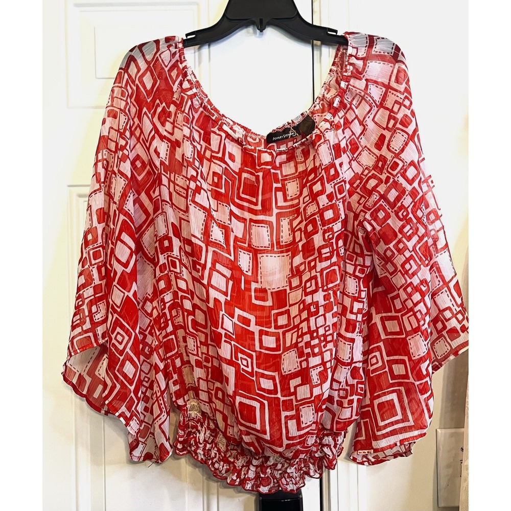 VTG Y2K Bell Sleeve Ashley Stewart 14/16 Sheer Red White Metallic Thread Top